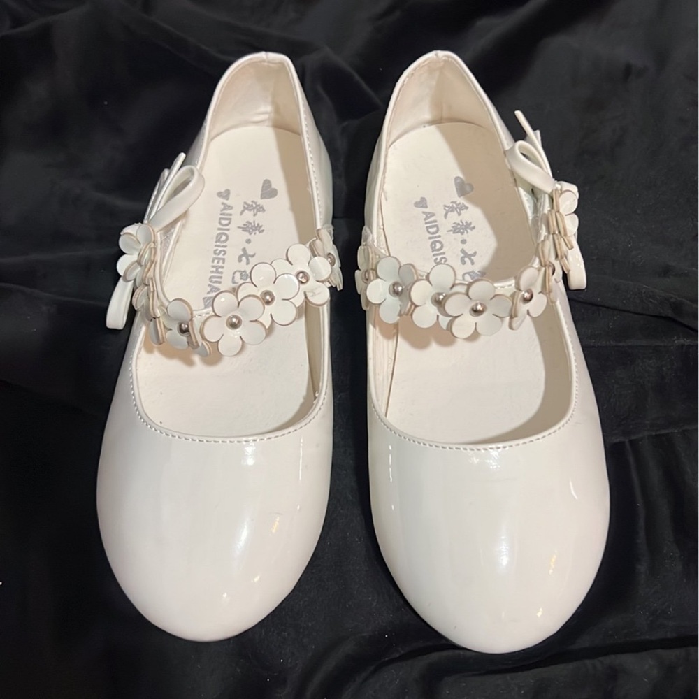 White Dress Shoes with Floral Strap and Shimmery Finish